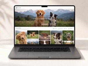 GalleryDock client gallery for pet photographers displayed on a laptop.
