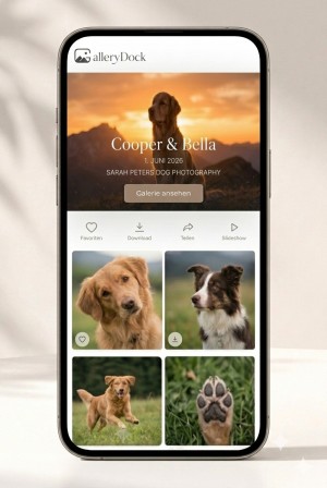 Mobile view of a GalleryDock pet photography gallery with favorites and downloads.